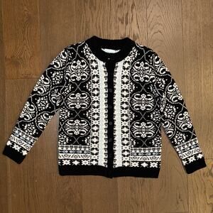 Vintage Fair Isle Grandma Sweater Cardigan Black White and Blue Size Large